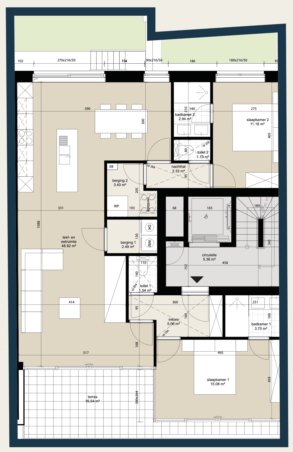 Grondplan appartementen 3 tot en met 7 uit de projectbrochure